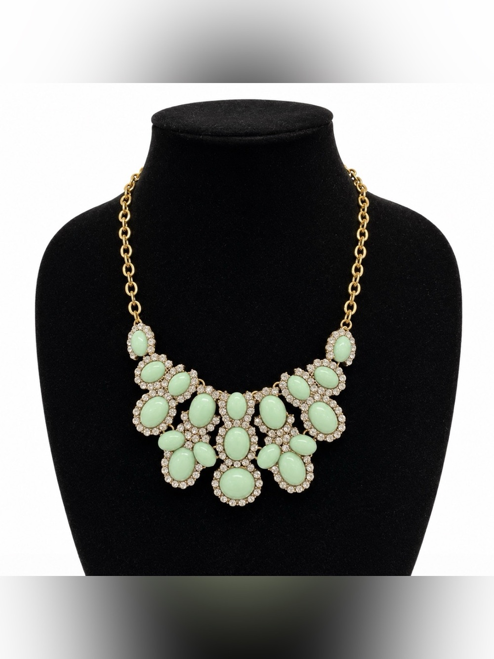 Cabochon Necklace in Opalesque Mint Green with Rhinestones Vintage Statement